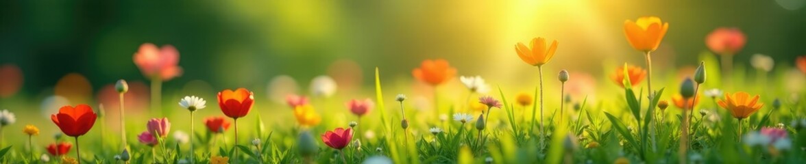 Softly glowing wildflowers on a tranquil scene, grass, serene, blossoms