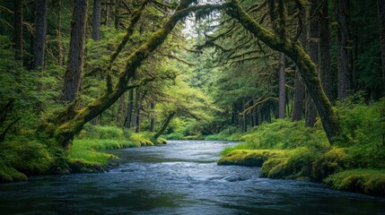 Obraz premium Tranquil river flows through a vibrant and lush emerald green forest landscape