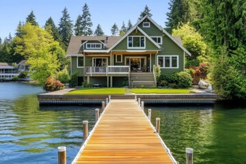 Obraz premium Inviting green facade with white trim detailing.