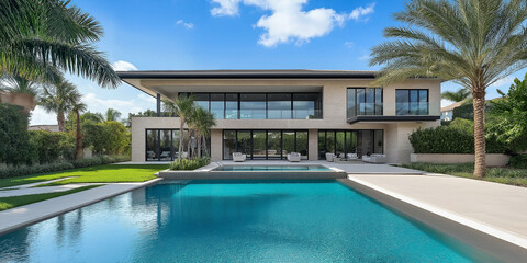 Modern luxury villa with swimming pool and palm trees reflecting florida lifestyle