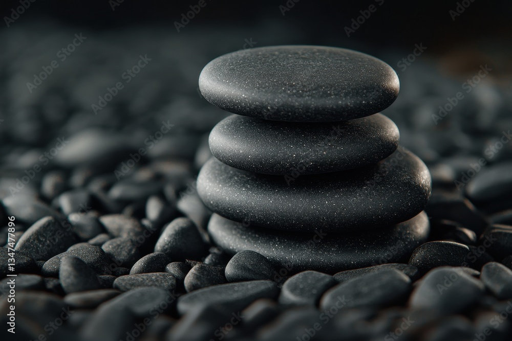 Poster Stacked black stones arranged on smooth pebbles create a serene and calming atmosphere in a tranquil setting