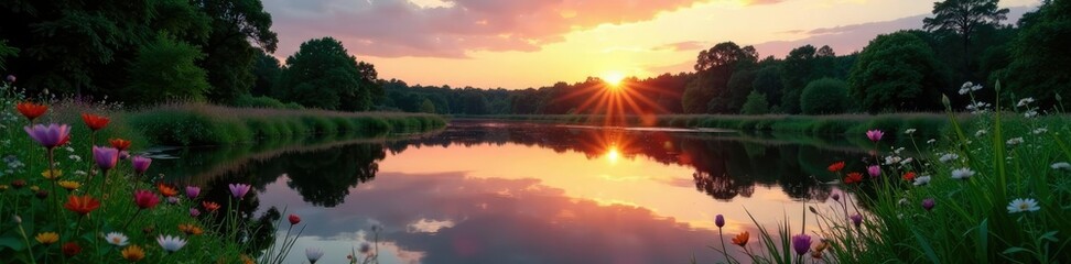 Obraz premium Evening sky reflected in a pond beside wildflowers, water, serene, green