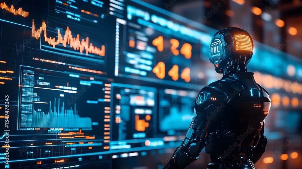 Poster a futuristic robot observes a display of complex data visualizations, highlighting the intersection 