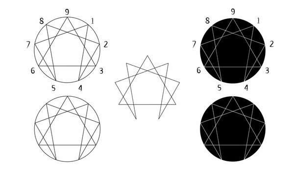 set of enneagram symbols in outline and solid styles, ideal for personality analysis, psychology, and spiritual concepts. Perfect for logos and graphic design.