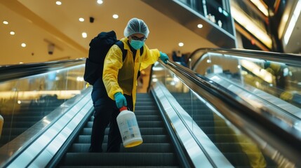 Cleaning staff in protective gloves and masks disinfecting high-touch surfaces in a shopping mall, spraying handrails and wiping escalator buttons, public hygiene and safety concept.