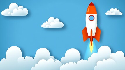 An illustrated rocket ship flying upwards into the bright blue sky