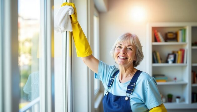 Older woman cleans windows with a cloth while smiling in a bright and airy living room during a sunny day