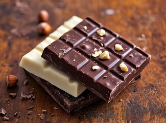 Stacked Chocolate Bars with Hazelnuts on Rustic Wooden Background