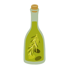 Bottle of olive oil with rosemary and olives. Hand drawn illustration of fresh olive oil isolated on white background.