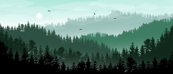 Beautiful realistic widescreen vector landscape with dark green forested mountains.