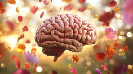 Human brain floats amidst falling autumn leaves in nature, symbolizing cognitive processes