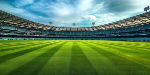 Fototapeta premium An empty cricket stadium showcases its round open stands.