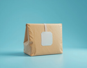 Obraz premium Brown Paper Bag with Label on Blue Background for Mockup