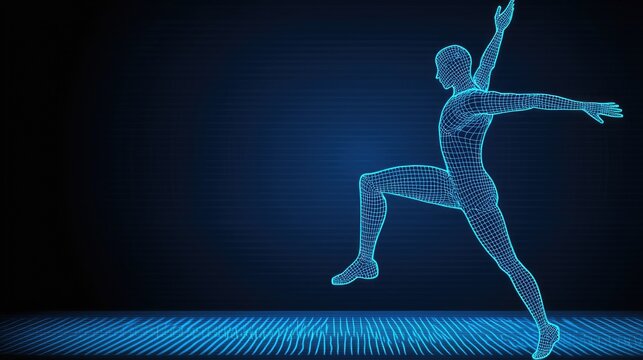 Abstract person in motion, blue wireframe model on blue grid, running in empty space for data analysis