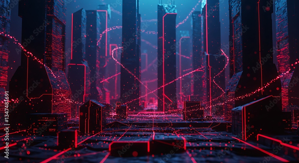 Poster cyberpunk cityscape glowing red network data streams futuristic tech-noir 3d render