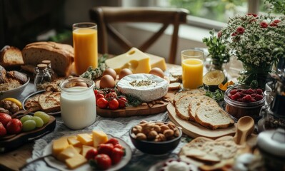 Delicious and Nutritious Brunch Spread Featuring Cheese, Bread, and Fruits
