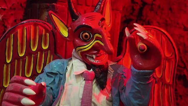 A man in a devil costume is sitting in a chair. He is holding a cigarette in his hand