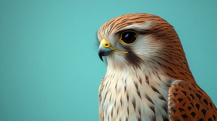 Kestrel portrait, close-up, teal background, wildlife photography, nature