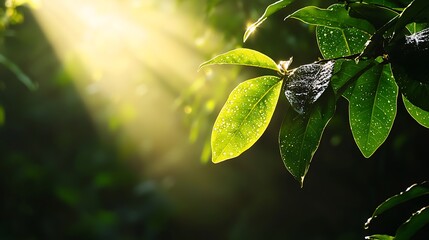 Sunlight on dewy leaves