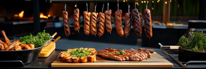 Smoked Sausages and Grilled Delights - A mouthwatering display of grilled meats, including succulent sausages, tender steak, and savory chicken. The symbolizes delicious food, summer grilling