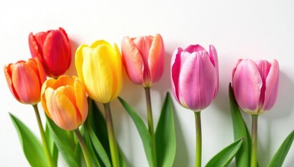 Naklejka premium Colorful tulip with cup-shaped blooms on white, colorful, tulips