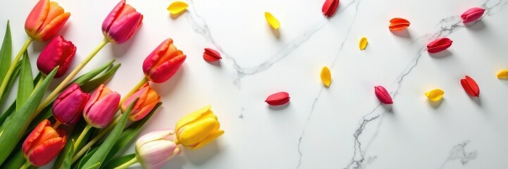 Fototapeta premium Colorful tulips scattered on a white marble table, flower, centerpiece
