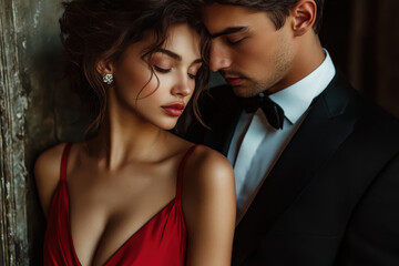 Man and woman in formal attire making eye contact, surrounded by a crowd at an elegant event.