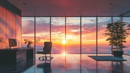 Serene Sunset Office: A Modern Workspace with Breathtaking Panoramic View