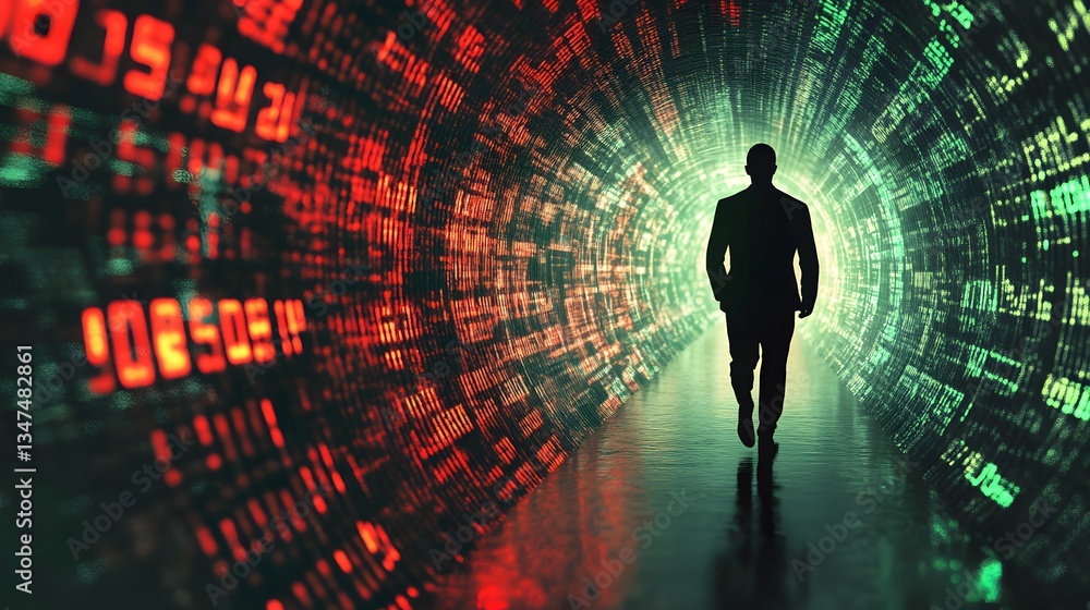 Aufkleber a silhouette of a man walking through a digital tunnel with data and code