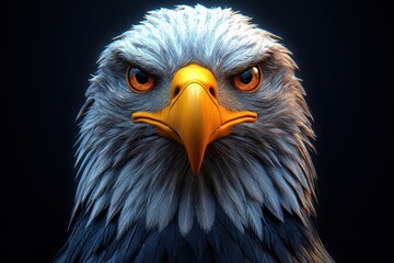 Obraz premium Majestic eagle with intense gaze showcasing intricate feather details and vibrant colors in a dramatic setting