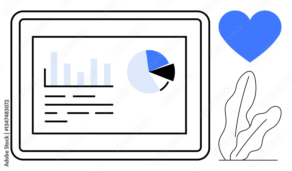 Poster tablet screen displaying data visualization along with a blue heart and plant element. ideal for dat