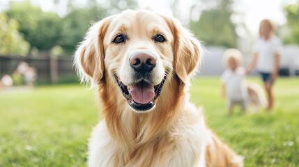 National Pet Day, Happy Golden Retriever Dog in Backyard with Children Playing in Background
