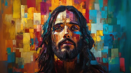 Jesus Christ portrait, abstract, block glitch art, colorful, screensaver backdrop, canvas print illustration