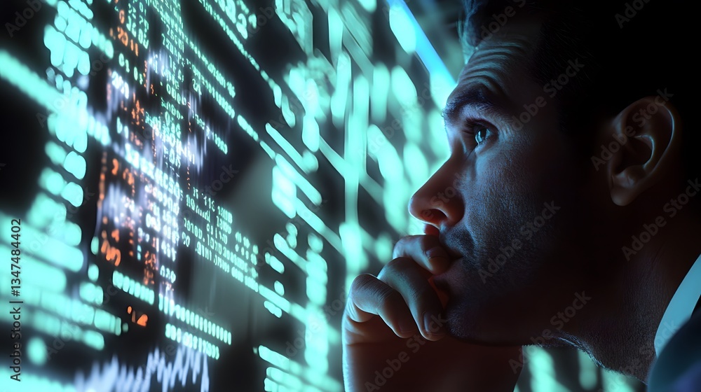 Poster a person closely analyzing data displayed on a large screen, with a thoughtful expression