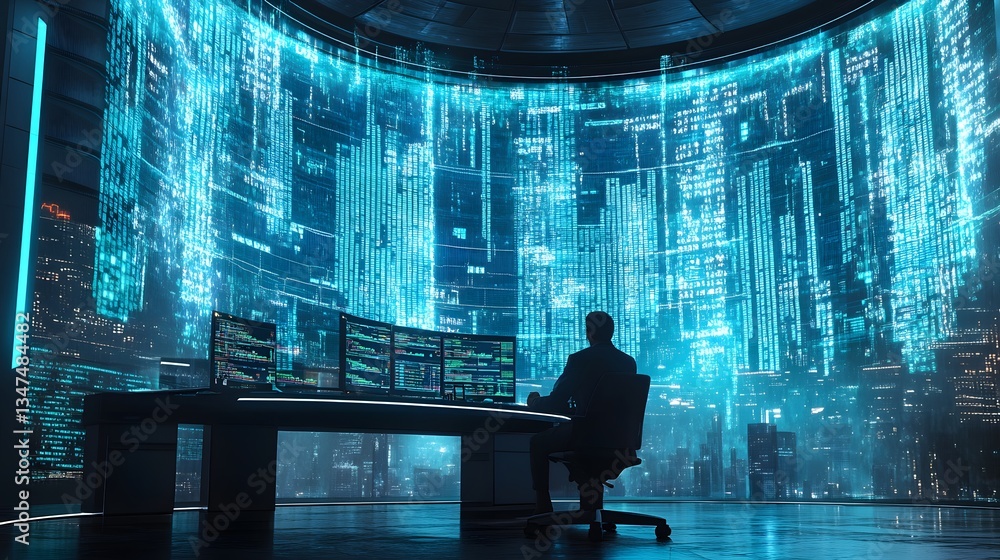 Poster a person working in futuristic control room full of digital data displayed on the walls and monitors