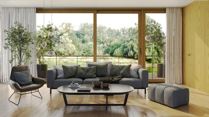 Large luxury modern bright interiors Living room mockup illustration 3D rendering image