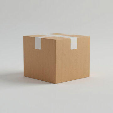 Closed Cardboard Box with White Tape on White Background for Shipping