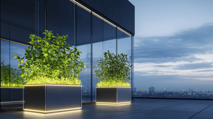 modern rooftop garden featuring illuminated planters filled with lush greenery, creating serene atmosphere against city skyline backdrop