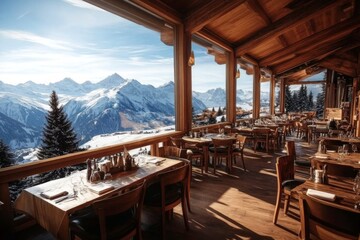 Fototapeta premium Cozy cafe nestled in the mountains, perfect for enjoying a warm meal. 