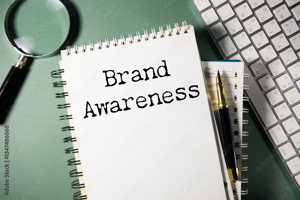 Poster text brand awareness on notepad with computer