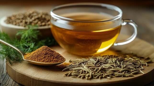 A wooden cutting board displays a spoonful of spices, cumin seeds, and a cup of herbal tea surrounded by herbs