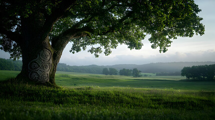 Pixelated Green Field Underneath Large Tree
