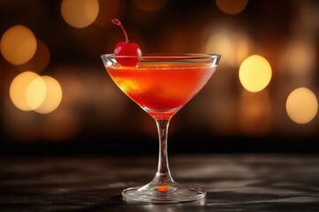 Blood and Sand cocktail in coupe glass with vibrant orange-red hue and soft lighting