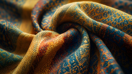 Closeup Patterned Fabric Texture In Gold Orange Teal Brown Colors