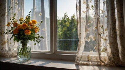 Fototapeta premium beautiful bouquet of yellow roses in a glass vase on a windowsill with sheer curtains