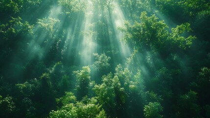 Obraz premium Vibrant green forest sunlight streaming through the trees open area for text overlay