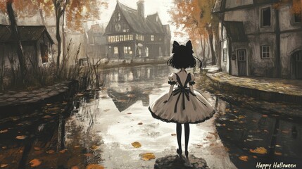 Obraz premium Girl in a dress walking by a spooky house and river in autumn