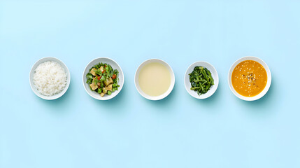 Assortment Of Asian Dishes On A Pale Blue Background