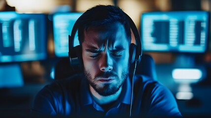 a man intensely focused while wearing headphones working on computer