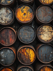 Stacked rusty barrels with weathered, textured surfaces.